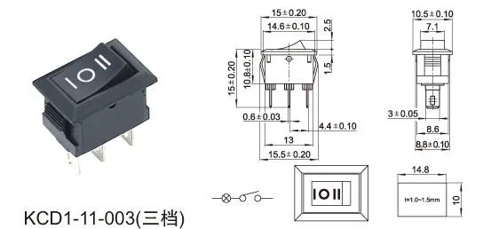 Panel Mounting Quick Connect Terminal Push Button Switch Momentary Rocker Switch 3A/6A on-off-on Spdt for Power Control (KCD1-11-003)